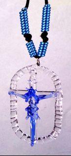 GLASS CRUCIFIX OVAL PENDANT (Light Blue)- Jesus Christ on the Cross Fashionable & Unique Religious Catholic Necklace Jewelry for Men & Women
