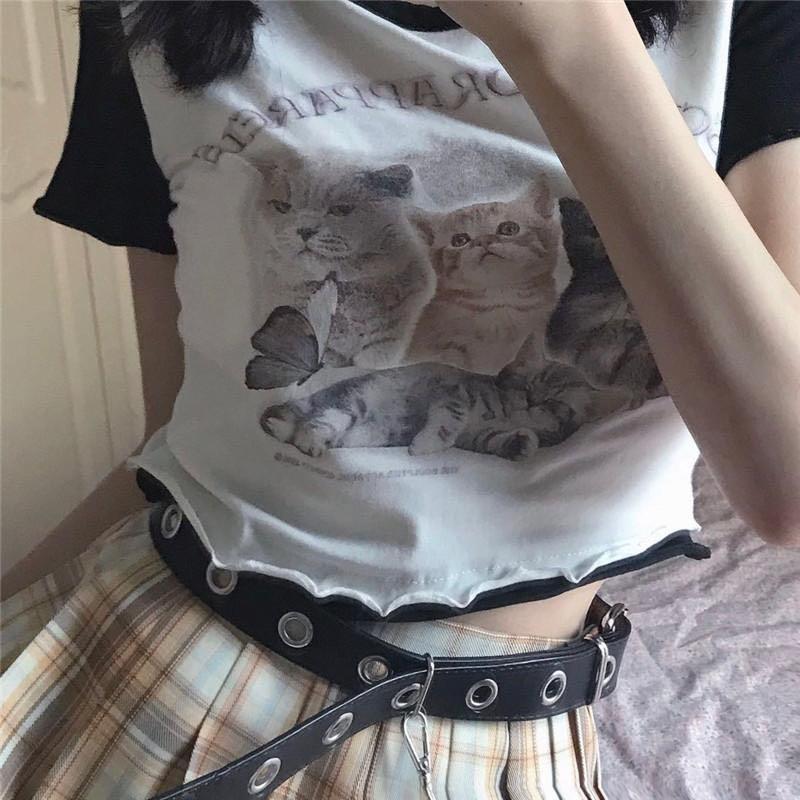 Korean Fashion Outfits - Crop Top Cute Cat Baseball T-Shirt Kitten –  Aesthetics Boutique