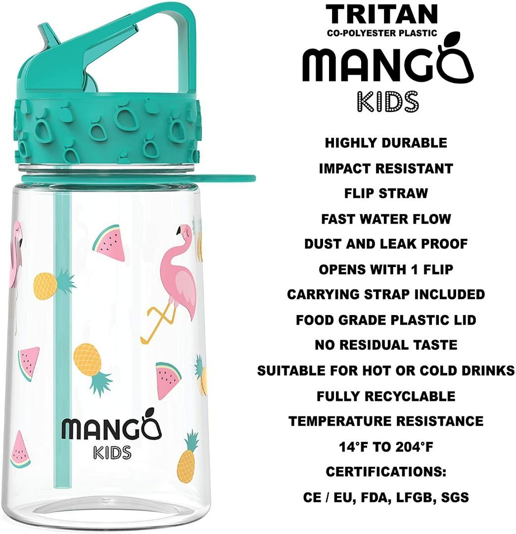Reusable Sports Drinking Bottle BPA Free With Flip Nozzle Sports Leakproof cap and Carrying Loop Mango Kids Water Bottle With Straw Boys and Girls Ideal for School Gift Travel 400ml - 14oz 