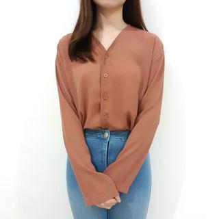 Blouse V Neck Button Kancing Long Sleeve Lengan Panjang Pink Korea Import China
