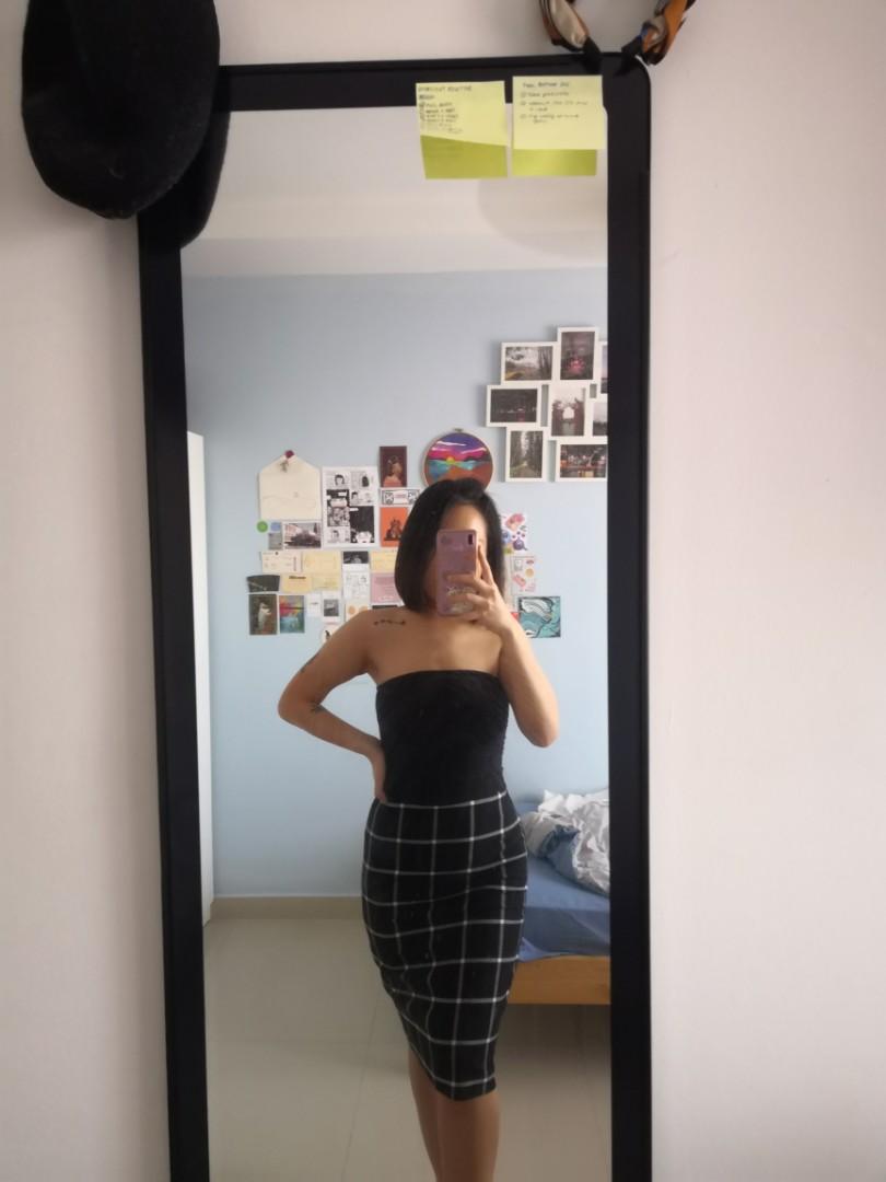 Bodycon Black and White Plaid Midi Office Formal Skirt with Hidden