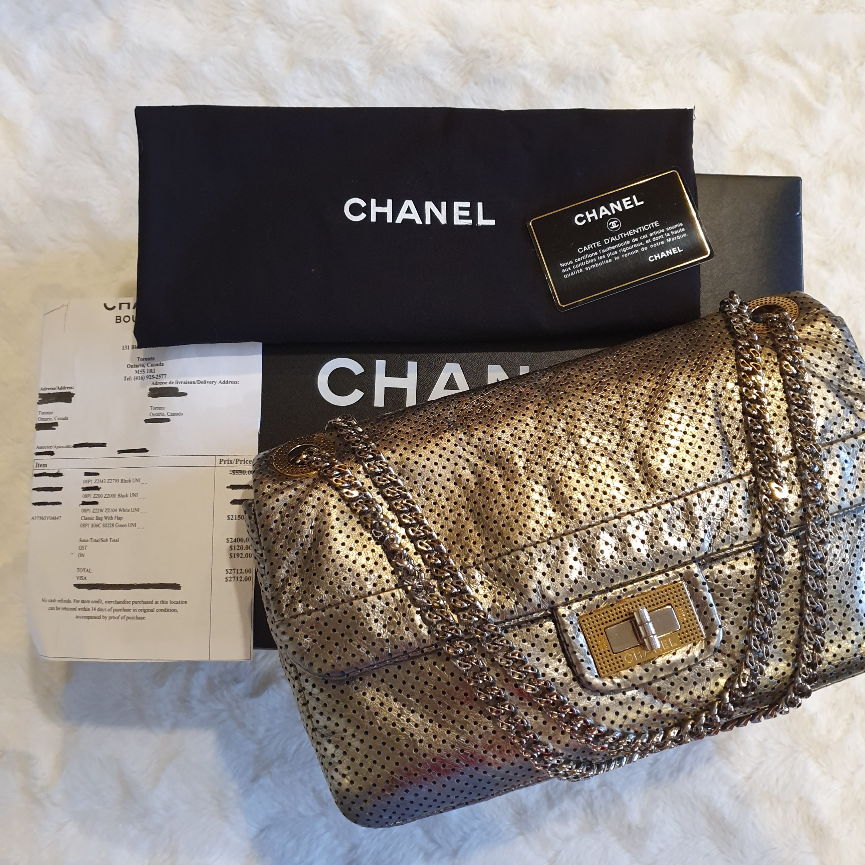 CHANEL Gold Drill Perforated Leather 2.55 Reissue Classic Flap Bag, Luxury,  Bags & Wallets on Carousell