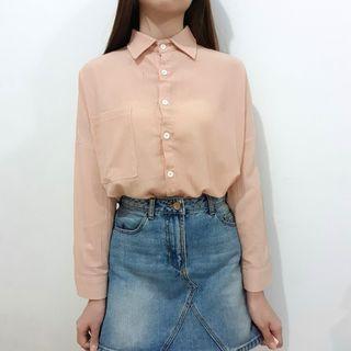 Kemeja Outer Import China Top Atasan Blouse Baby Pink Muda Korea Button Kancing Long Sleeve Lengan Panjang