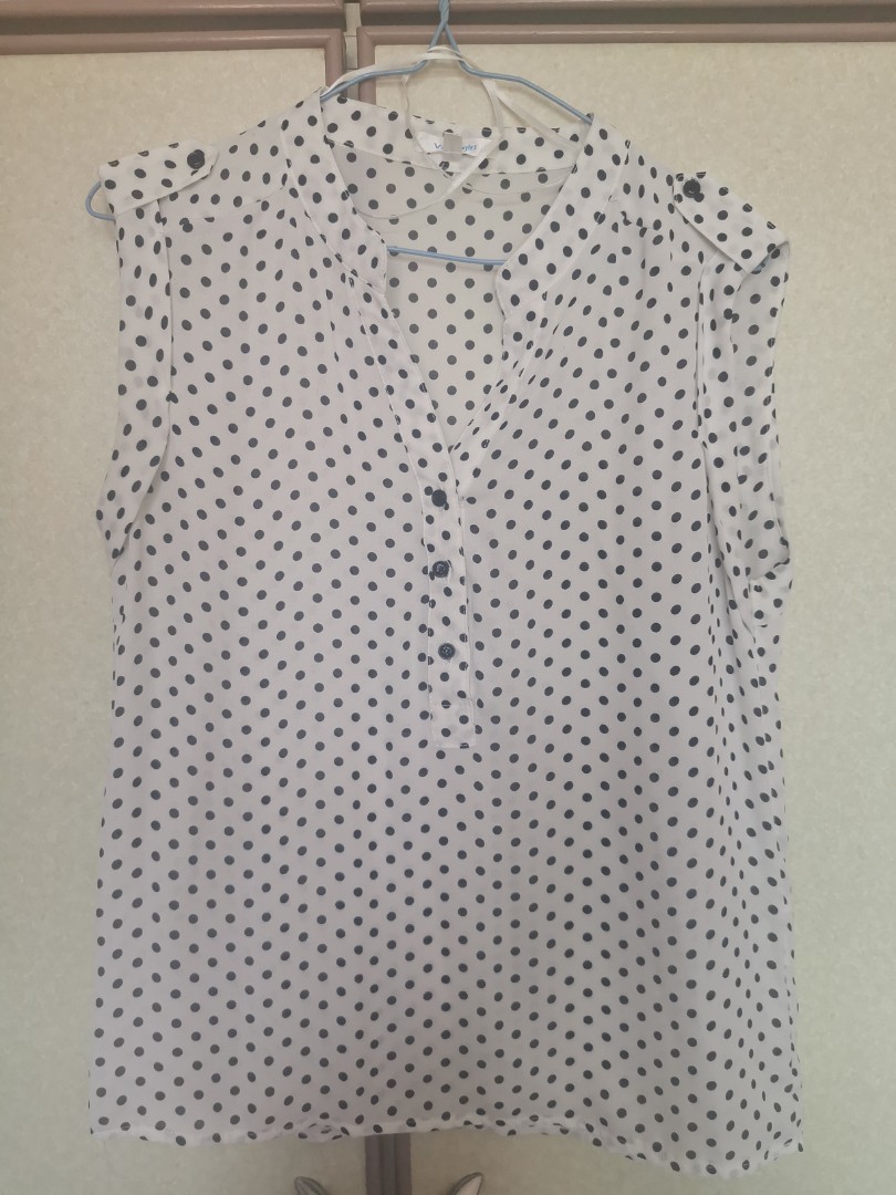 grey blouse with white polka dots