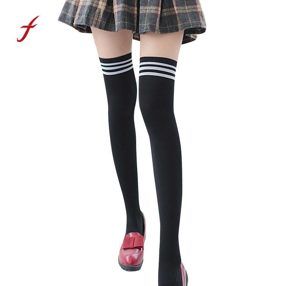 black thigh high socks with white stripes