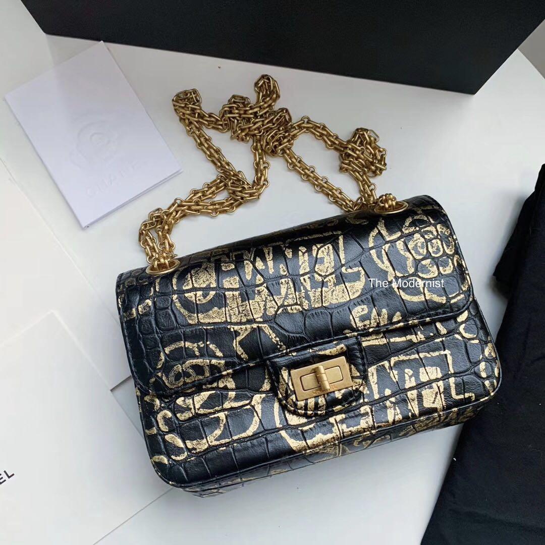 Chanel Black and Gold Crocodile-Embossed Leather Small Graffiti Boy Bag For  Sale at 1stDibs