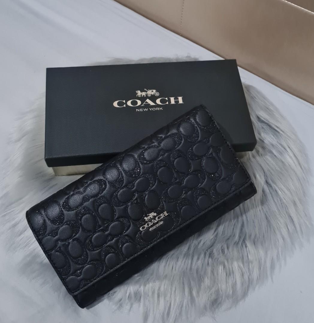 Coach Black Glitter Signature Tri-fold Wallet, Luxury, Bags ...