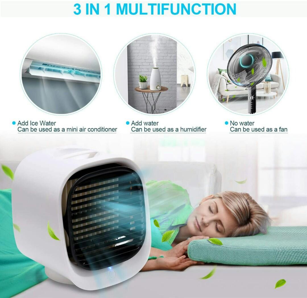 Personal Space Air Cooler Humidifier Sterilizer Personal Space Air Conditioner Purifier 4 in 1 Mini USB Air Conditioner Fan Desktop Cooling Fan with 3 Speeds for Home Room Office