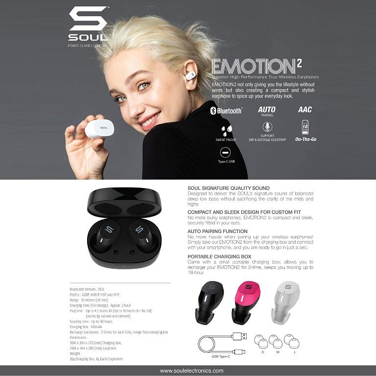 SOUL Emotion 2 True Wireless Earbuds, Shocking Pink, Audio, Earphones
