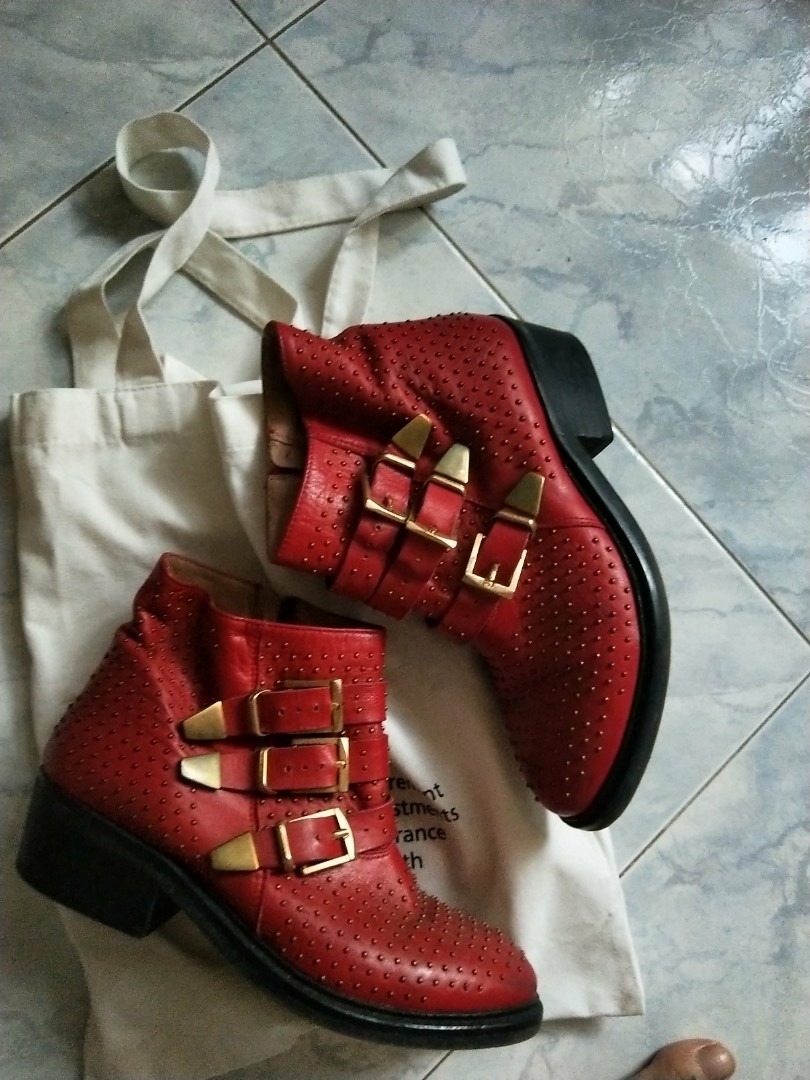 Vintage red studded buckle boots Women s Fashion Footwear Boots
