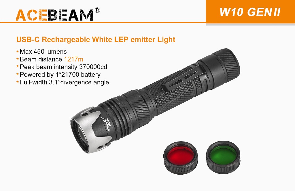 Acebeam W10 Gen Ii Lep Usb C 充電450流明1217米led Flashlight 電筒行山搜救遠足工程急救 手提電話 電話 平板電腦裝飾 電池及充電器 Carousell