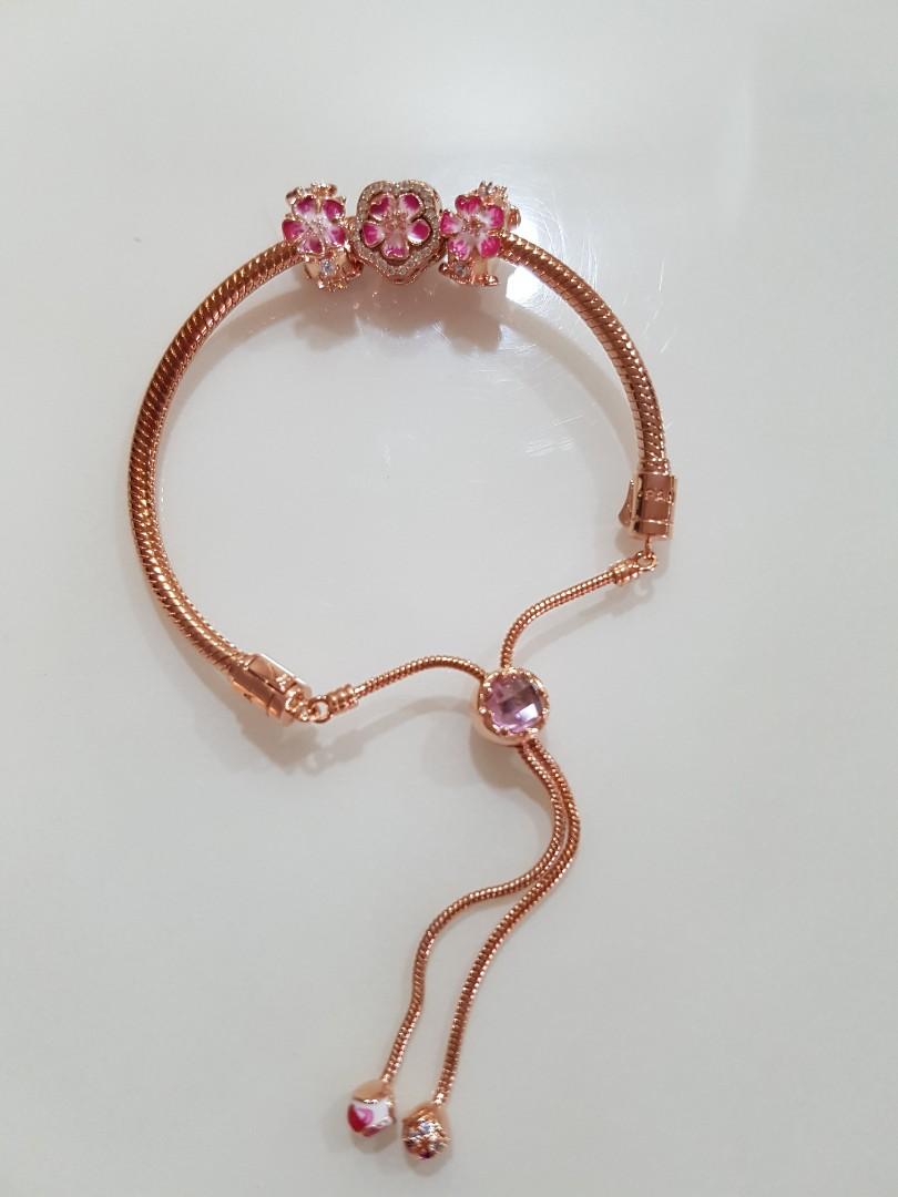 Pandora moments pink peach blossom flower snake chain slider bracelet hotsell