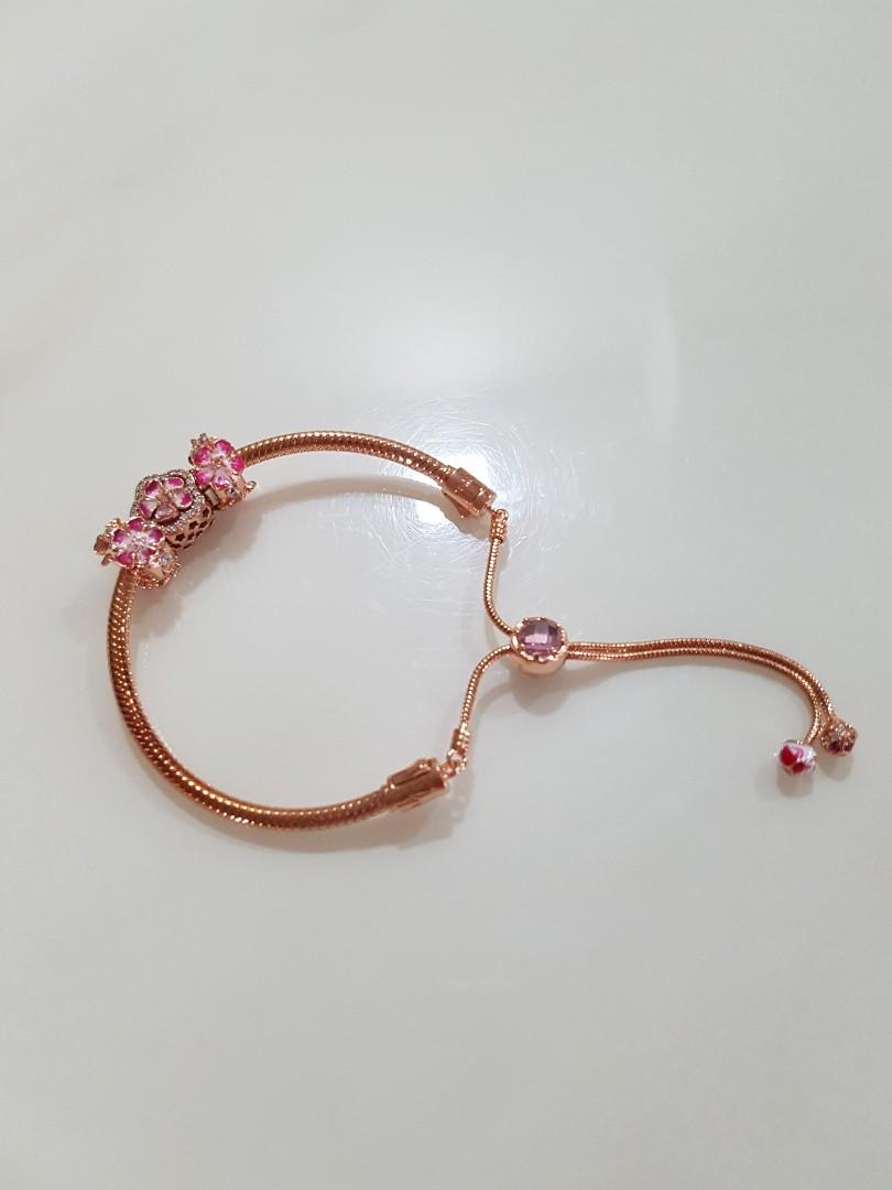 Pandora moments pink peach blossom flower snake chain slider on sale bracelet