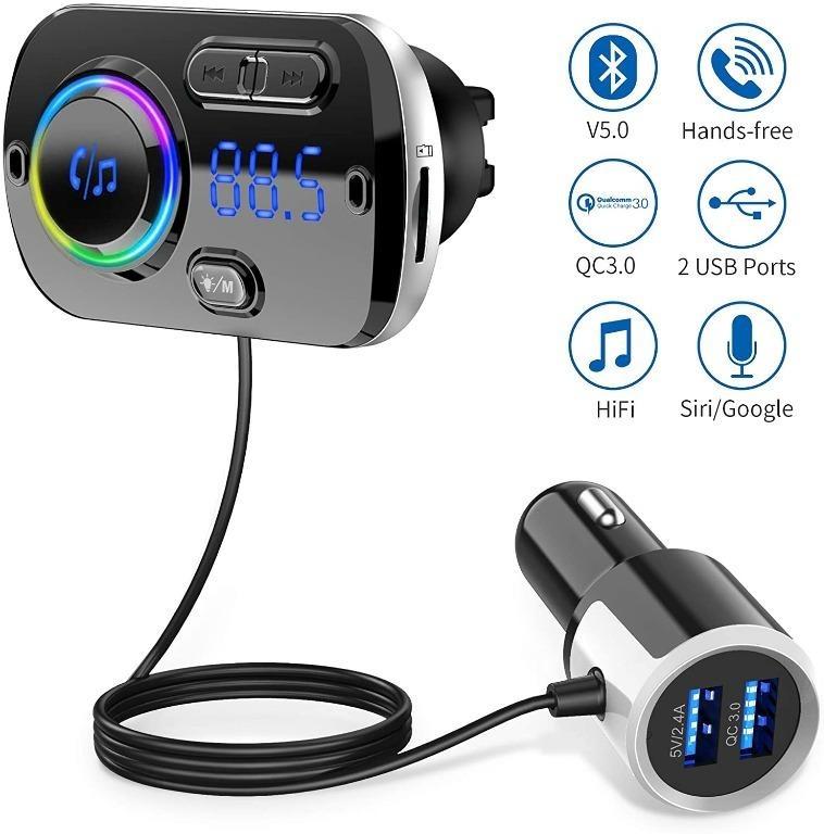 Bluetooth FM Transmitter for Car,Bluetooth 5.0 Radio Car Adapter QC3.0 &  LED Backlit with Dual USB Ports Bluetooth Car Lighter Adapter Hand-Free  Calling MP3 Music Player Suport TF Card AUX, Car Accessories