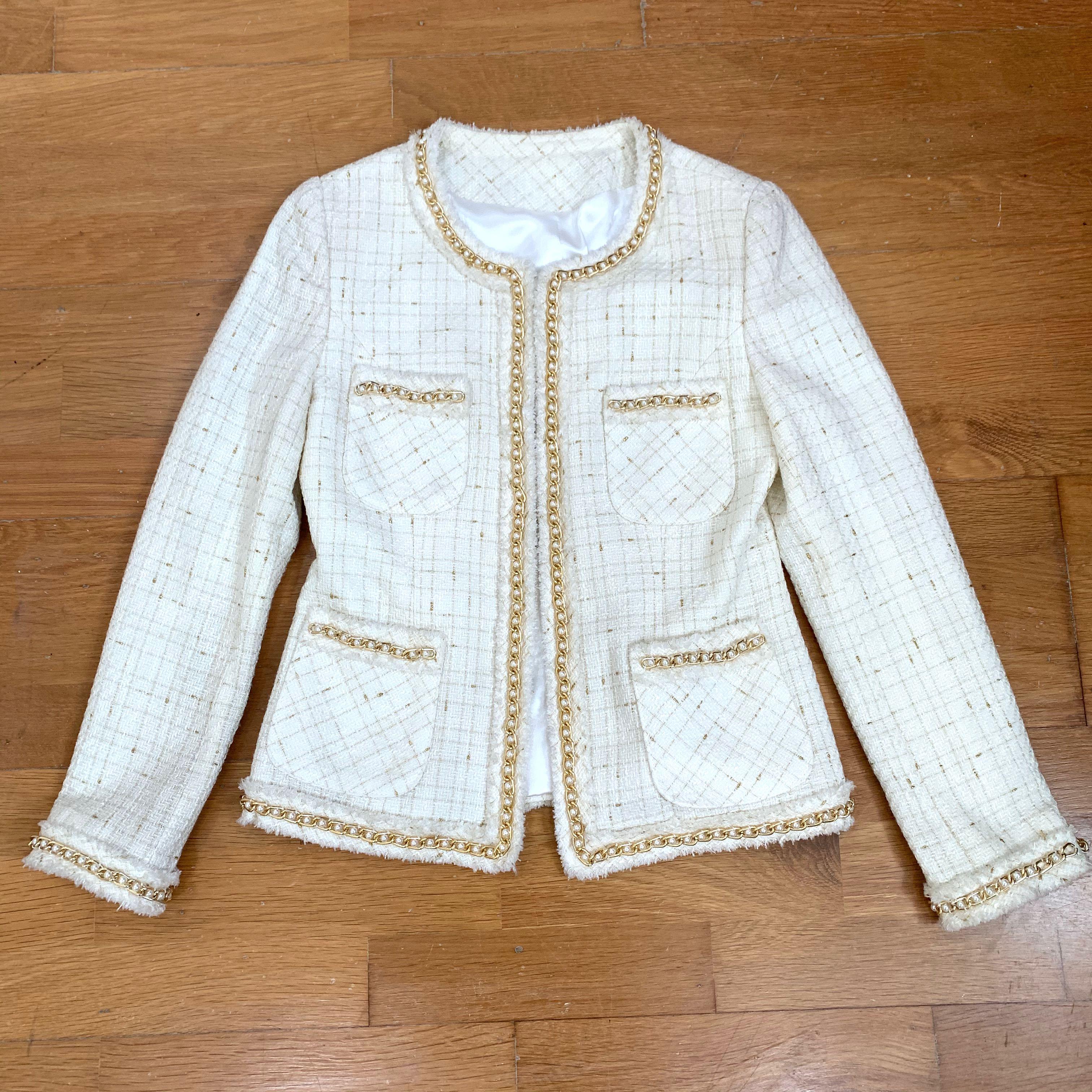 Chanel Inspired Tweed Blazer with Gold Chain & Pearl Embellishment