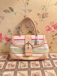 真品Coach帆布+牛皮 彩虹小花手提包