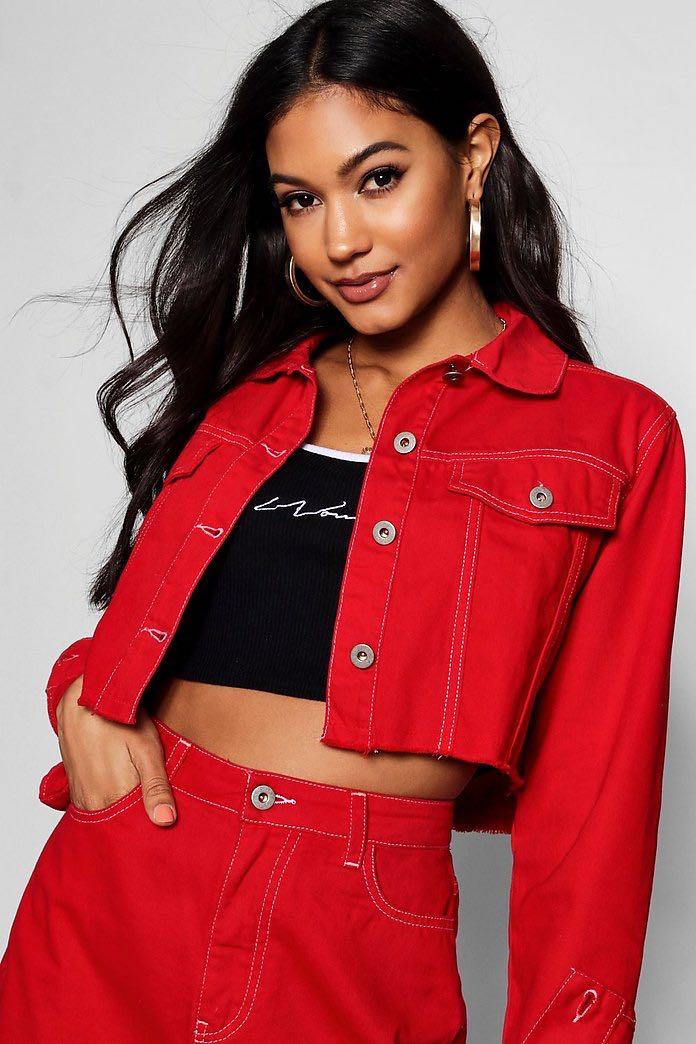 Red denim on sale jacket cropped