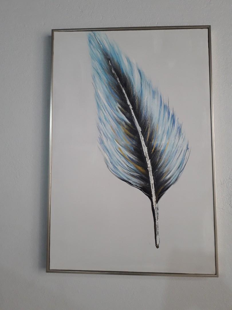 A Single Blue Feather Canvas Painting - Large Frame (Category: Frames & Pictures) located in Quezon City. Submitted by lots2love (Listing ID 1038934434, Image 1). Description: A Single Blue Feather Canvas Painting - Large Frame (without glass) - perfect for offices Size: 36 inches Height x 24 inches diameter x 1.5 inches width (thickness) - used but in good condition - Last price at P2,000 Location: Roxas District, QC.