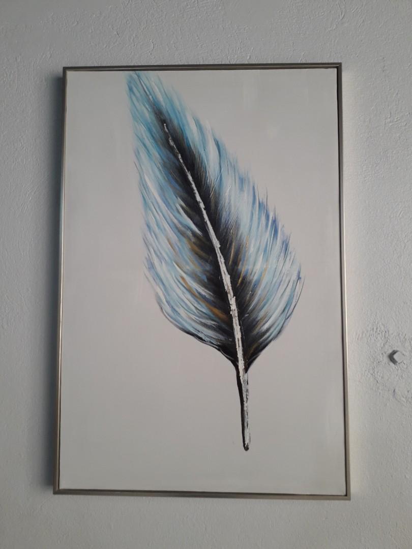 A Single Blue Feather Canvas Painting - Large Frame (Category: Frames & Pictures) located in Quezon City. Submitted by lots2love (Listing ID 1038934434, Image 3). Description: A Single Blue Feather Canvas Painting - Large Frame (without glass) - perfect for offices Size: 36 inches Height x 24 inches diameter x 1.5 inches width (thickness) - used but in good condition - Last price at P2,000 Location: Roxas District, QC.