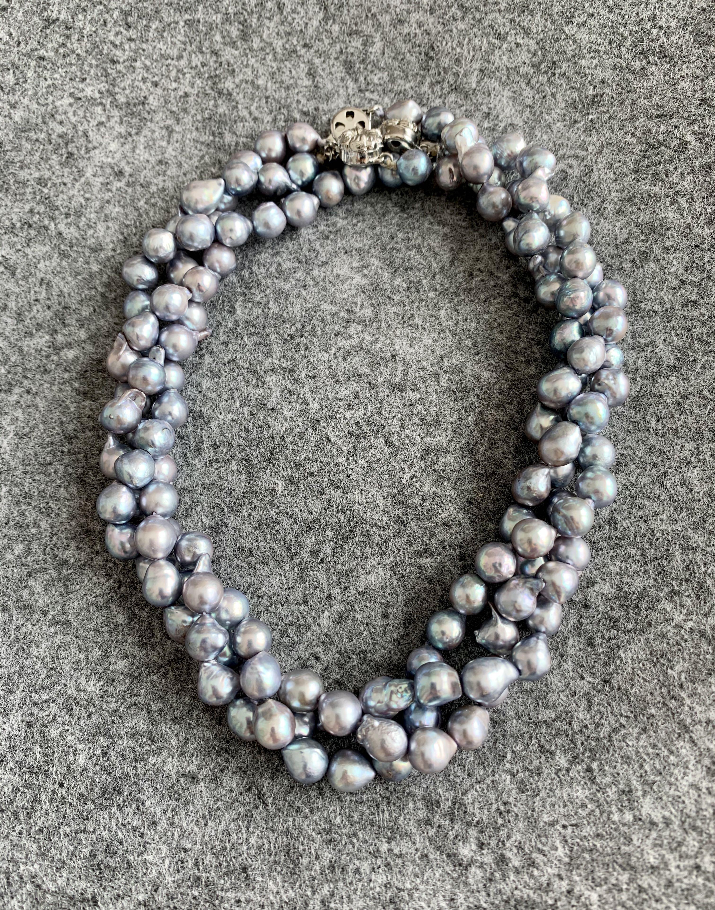 Genuine Blue Grey Baroque Freshwater Pearls 3 Strand Necklace