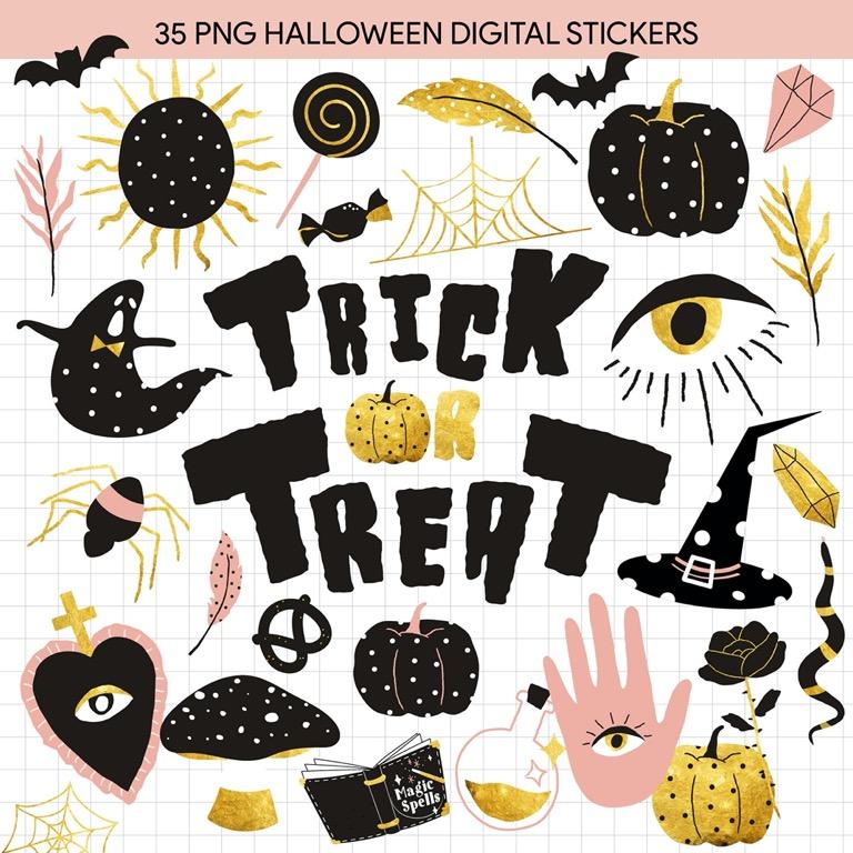 halloween digital planner stickers black gold pink polkadot cute goodnotes sticker clip art bullet journal digibujo hobbies toys stationery craft stationery school supplies on carousell
