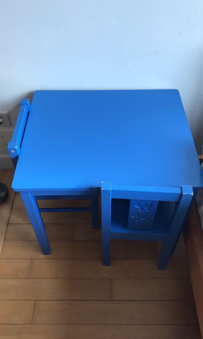 IKEA Table and 2 chairs Kritter blue, Furniture & Home Living