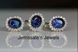 jem: Blue Sapphire Halo Diamond Earrings & Ring Set in Pure Silver