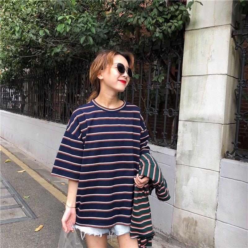 Korean Fashion Tops Women Loose Round Neck Striped Oversized Tshirt Women S Fashion Clothes Tops On Carousell