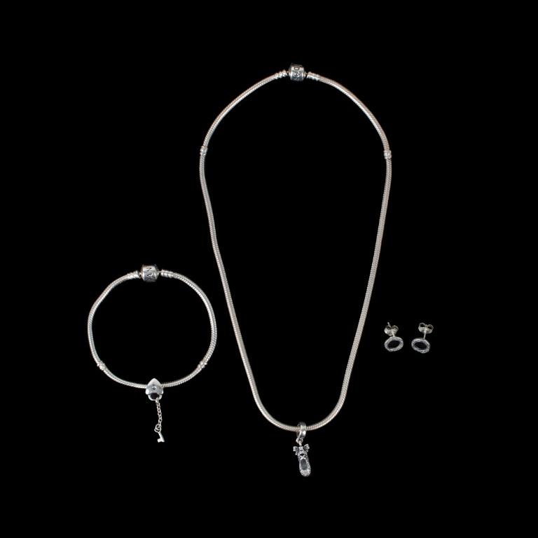 PANDORA Moments Snake Chain Bracelet Necklace and Earrings with Two Charms