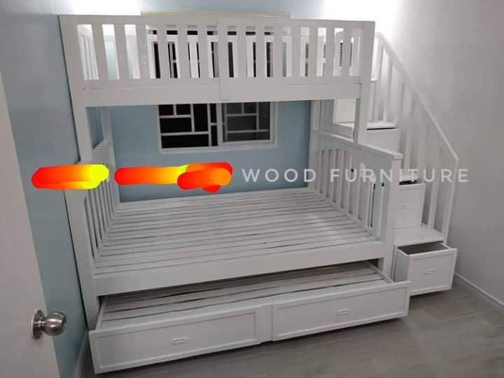 White Double deck w/ stepdrawers and pullout bed 09498310053 (Category: Bed Frames & Mattresses) located in Caloocan City. Submitted by leocarloswoodcrafts (Listing ID 1038895690, Image 1). Description: made from solid mahogany wood. with boysen wood paint white FOAM NOT INCLUDED Available sizes: (in inches) 36x75 top bed 48x75 main bed 36x72 pullover bed Free delivery within metro manila Message me via Facebook fb.com/LeoCarlosWoodCrafts OR emai