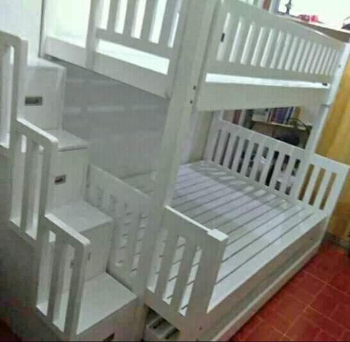 White Double deck w/ stepdrawers and pullout bed 09498310053 (Category: Bed Frames & Mattresses) located in Caloocan City. Submitted by leocarloswoodcrafts (Listing ID 1038895690, Image 3). Description: made from solid mahogany wood. with boysen wood paint white FOAM NOT INCLUDED Available sizes: (in inches) 36x75 top bed 48x75 main bed 36x72 pullover bed Free delivery within metro manila Message me via Facebook fb.com/LeoCarlosWoodCrafts OR emai