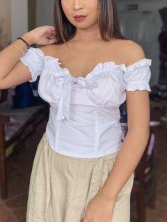 White Ruched Off Shoulder Top