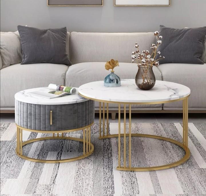 Double Harmony Mulberry Tufted Twin Round Coffee Table With Drawer Grey Pink Velvet Cultured Thick White Marble Furniture Tables Chairs On Carousell