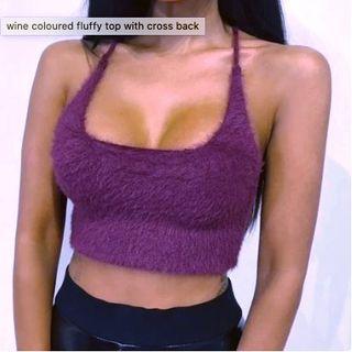 burgundy cross back fluffy crop top