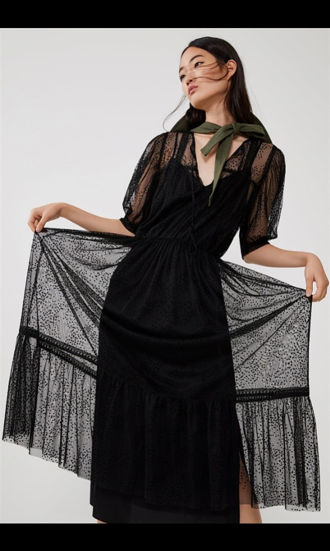 Dotted mesh tulle midi dress zara discount