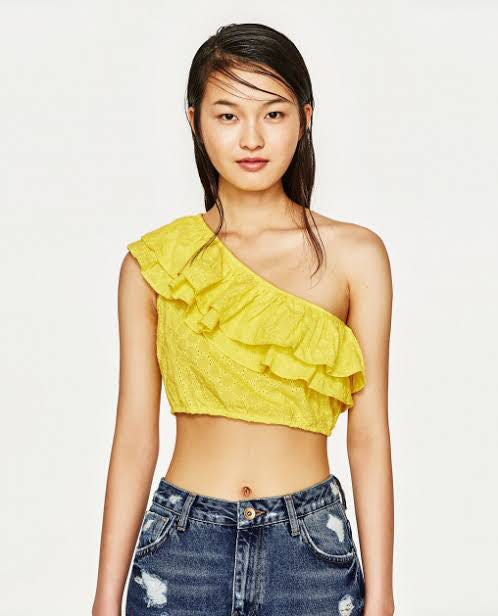 Zara yellow one shoulder top, Fesyen 