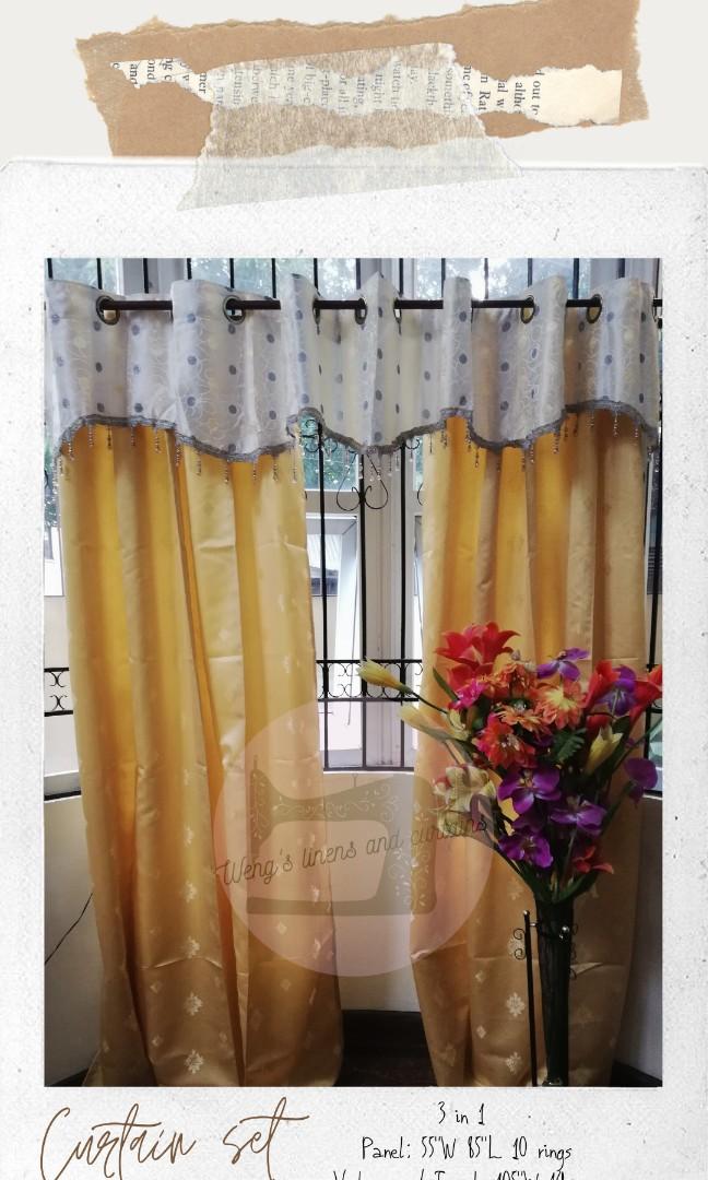 3in1 Curtains with Valance tassle (Category: Home Improvement Tools & Accessories) located in Manila. Submitted by Mimiandmos (Listing ID 1043845278, Image 2). Description: size indicated on each picture 1,100php/set Tahi ni mother. 💸Payment thru BPI |BDO|METROBANK | GCASH 📲Message to Order 🛵Shipping fee c/o buyer **Color may slightly vary due to lighting.