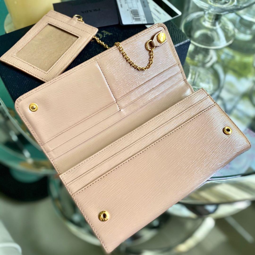 Prada Saffiano Leather Wallet w Card Case GHW Peony Pink Purse WOC