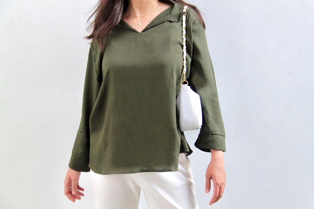 Blouse Kemeja Wanita Polos Fesyen Wanita Pakaian Wanita Atasan Di Carousell