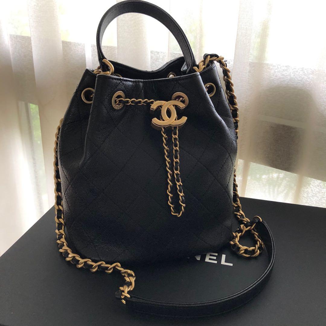 Brand New Chanel Caviar Leather Bucket Bag Handbag Gold Hardware Chain Tote  Strap