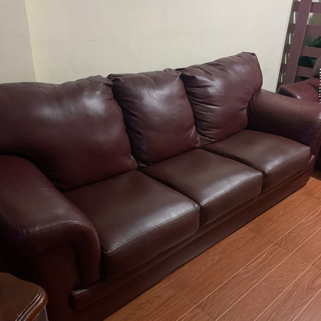 Leather Sofa (Maroon), Furniture & Home Living, Sofas on Carousell