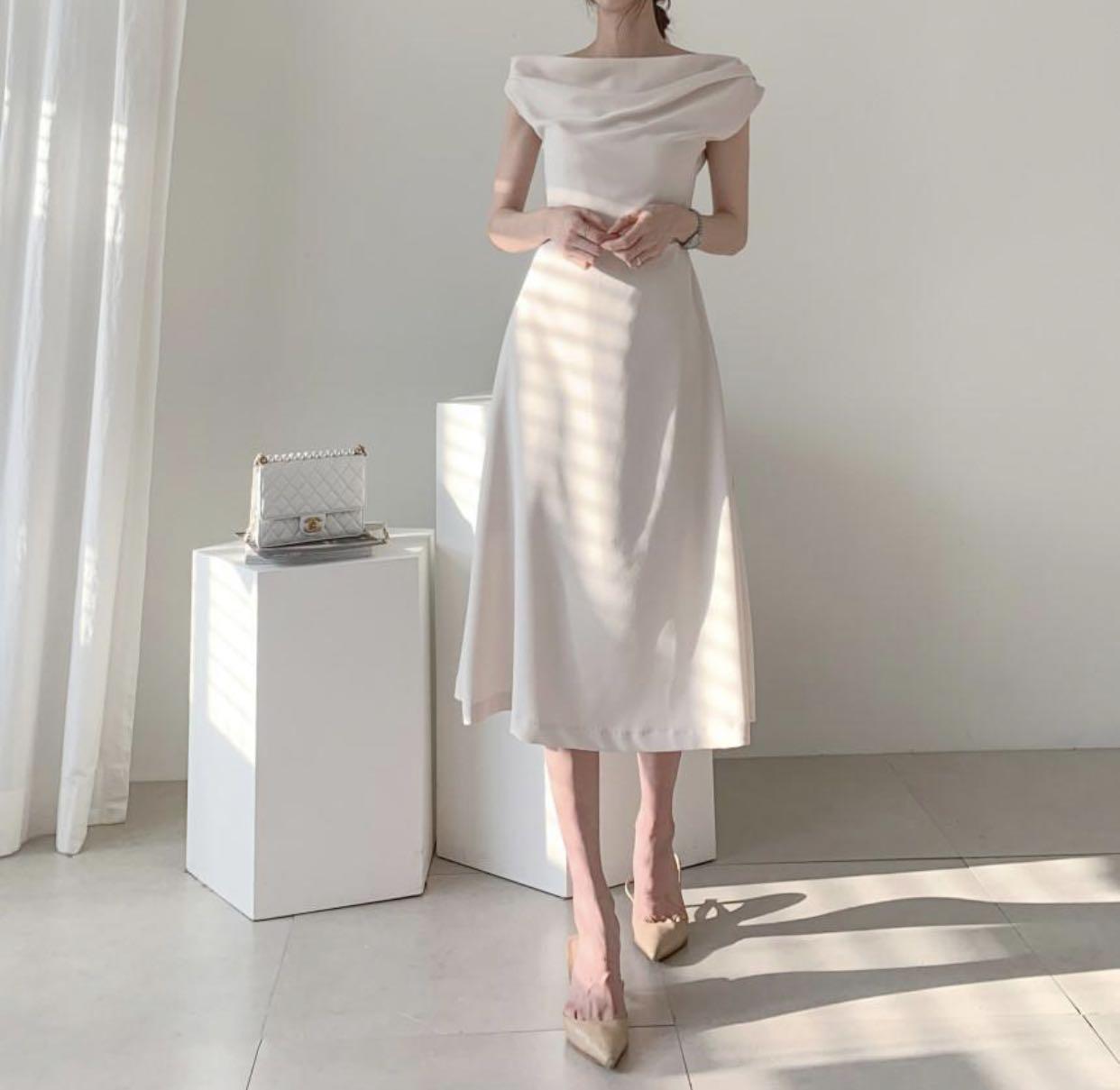 off white satin dress Women s Fashion Muslimah Fashion Dresses