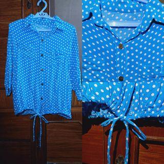 Blue Polkadots Button-up Tie-knot Longsleeves