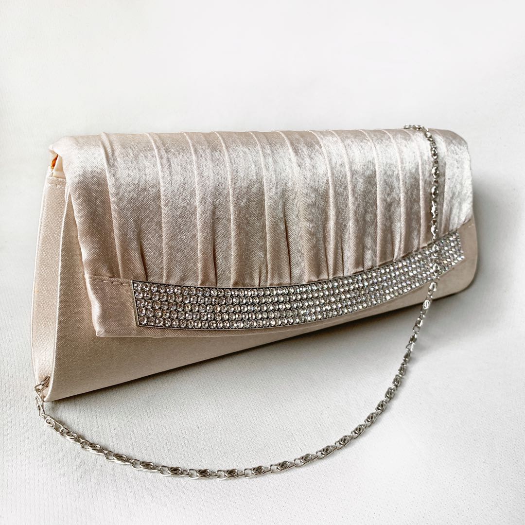 Champagne Satin Clutch Bag with Detachable Strap