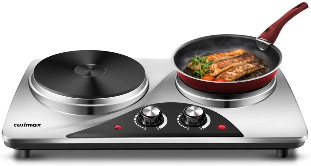 CUSIMAX Electric Double Hot Plate for Cooking Portable Electric Hob,  Cooktop Table Top Hob with 2 Cast Iron Portable Hob Rings Electric Burner  with Dual Temperature Control, Stainless Steel, 2500W, TV u0026