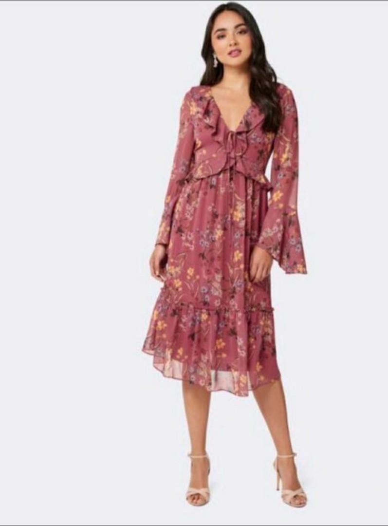 Forever New Dusty Rose Pink Frill Midi Dress in Floral Print Women s Fashion Tops Sleeveless on Carousell