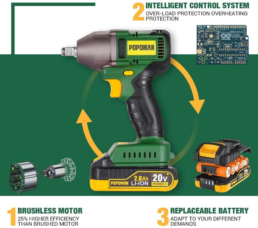 Impact Wrench Brushless 20V MAX Cordless 300 Ft lbs Max Torque with 3 Speed Transmission 1 2 Hog Ring Anvil 59 Min Fast Charger 3 Sockets 2.0Ah Li ion Battery Tool Box POPOMAN BHD850B