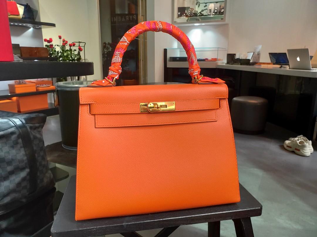 Hermes Kelly Handbag Orange Box Calf with Gold Hardware 28 Orange
