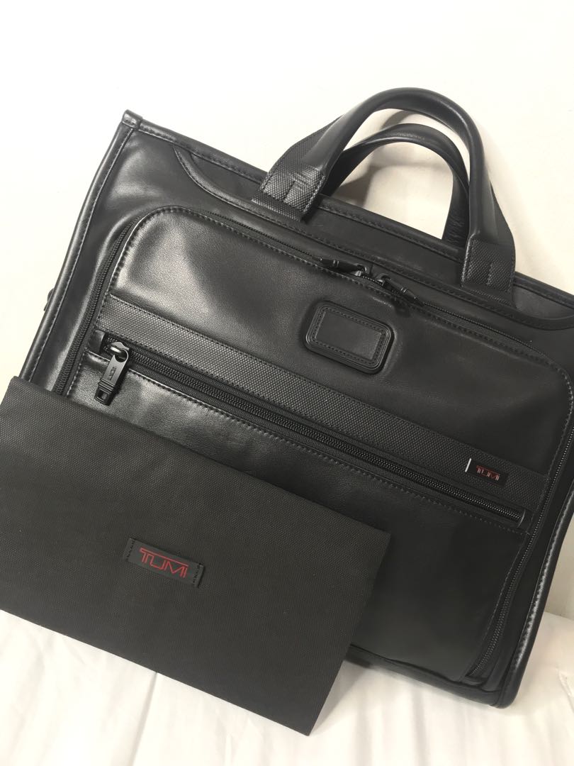 TUMI Alpha 2 Slim Deluxe Leather Portfolio Briefcase, Men's Fashion