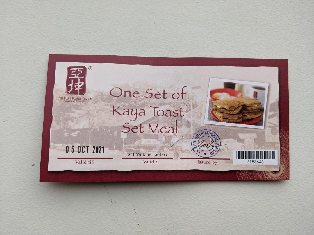 Ya kun kaya toast set meal ticket voucher worth $4.8, Tickets ...